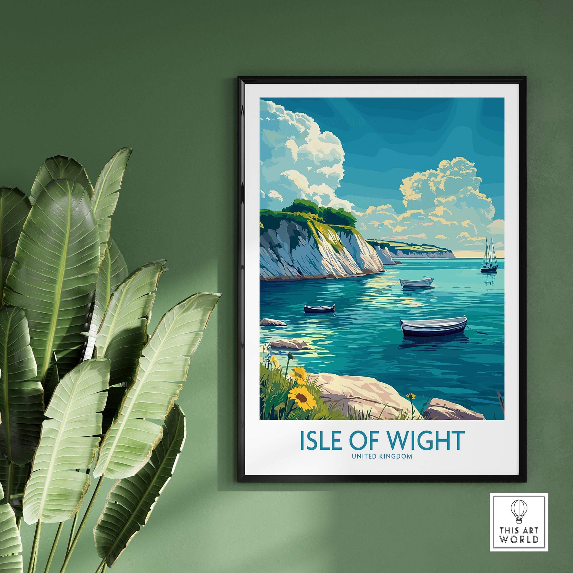 Isle of Wight Art Print showcasing beautiful coastal scenery and boats on vibrant blue waters, ideal for home decor.