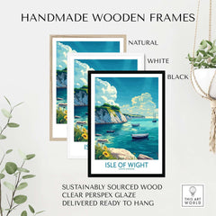 Handmade wooden frames for Isle of Wight Art Print in natural, white, and black finishes. Perfect for home decor.
