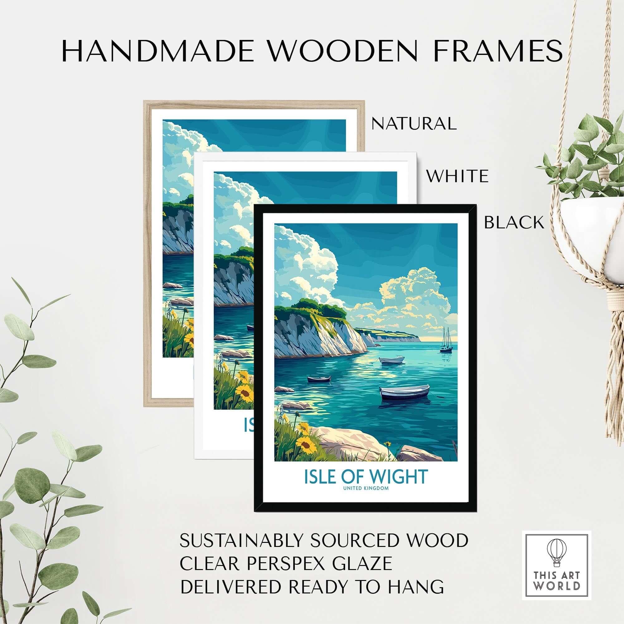 Handmade wooden frames for Isle of Wight Art Print in natural, white, and black finishes. Perfect for home decor.