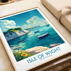 Isle of Wight Art Print showcasing a vibrant coastal scene with boats and cliffs, perfect for home decor.