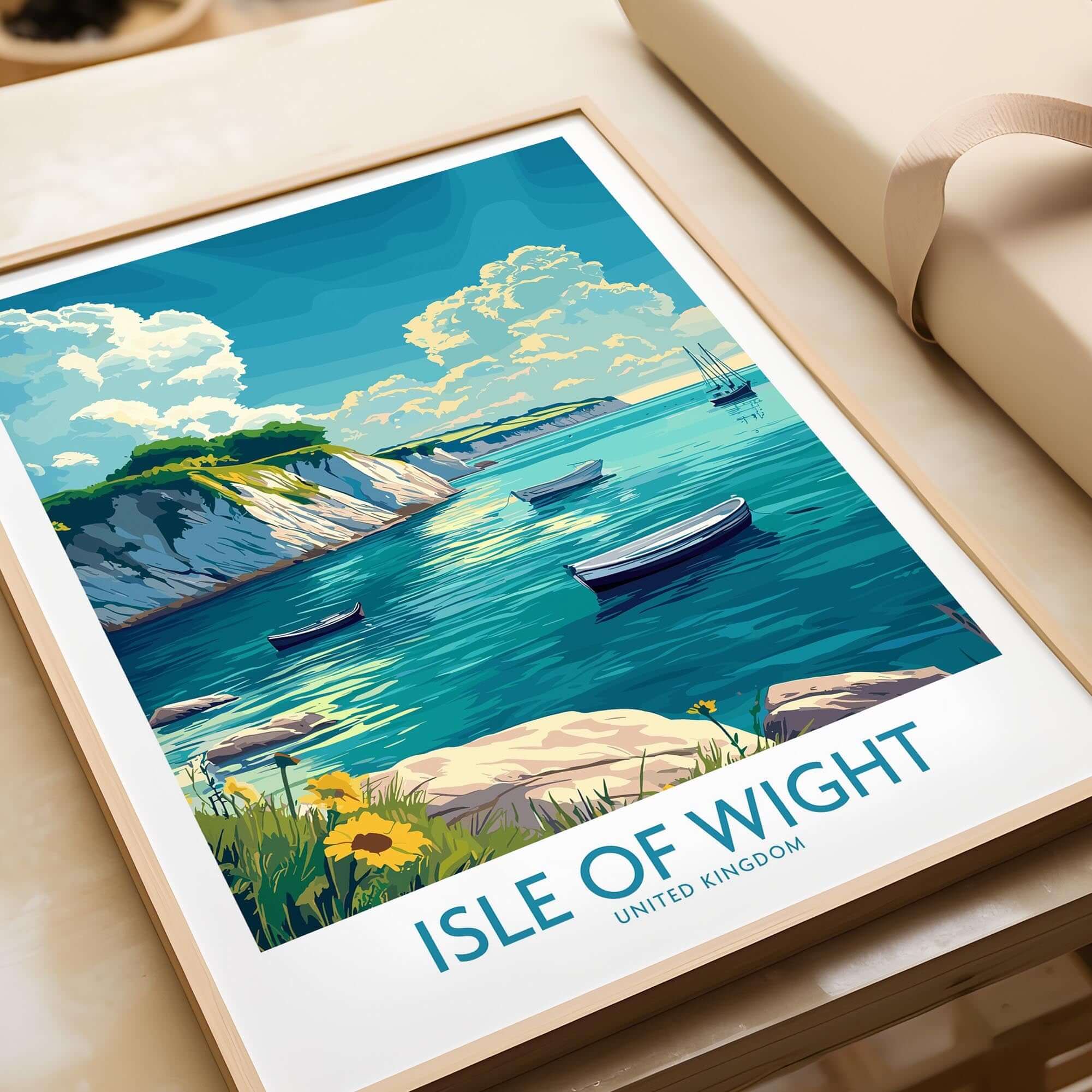 Isle of Wight Art Print showcasing a vibrant coastal scene with boats and cliffs, perfect for home decor.