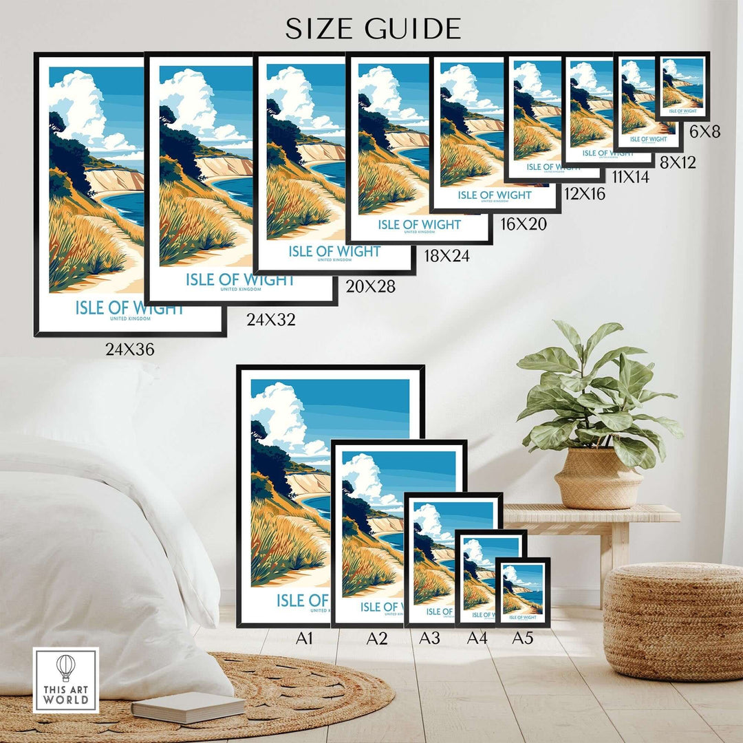 Isle of Wight England poster in various sizes displayed in a modern living room setting, showcasing a scenic landscape.