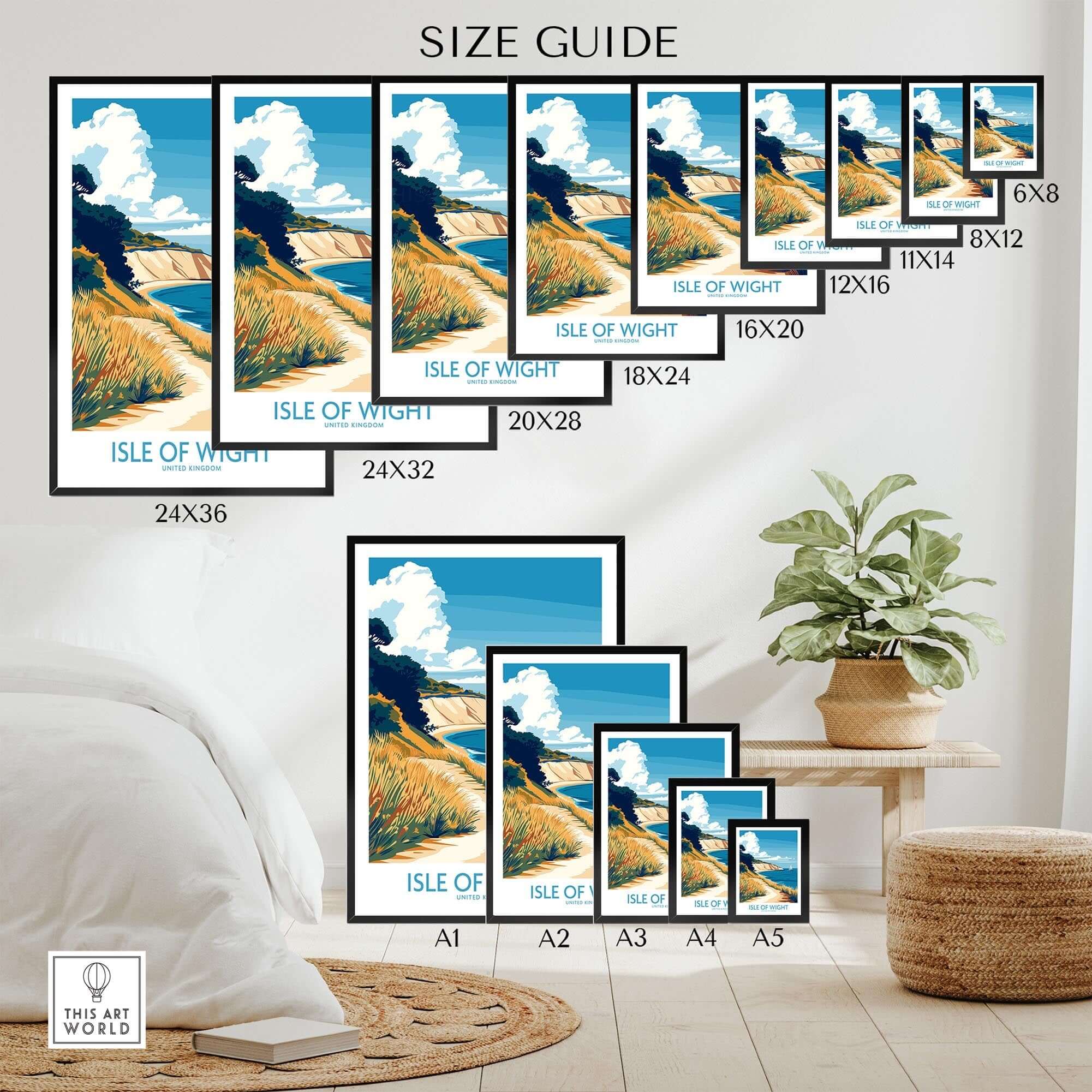 Isle of Wight England Poster size guide showcasing various dimensions and styles for home decor.