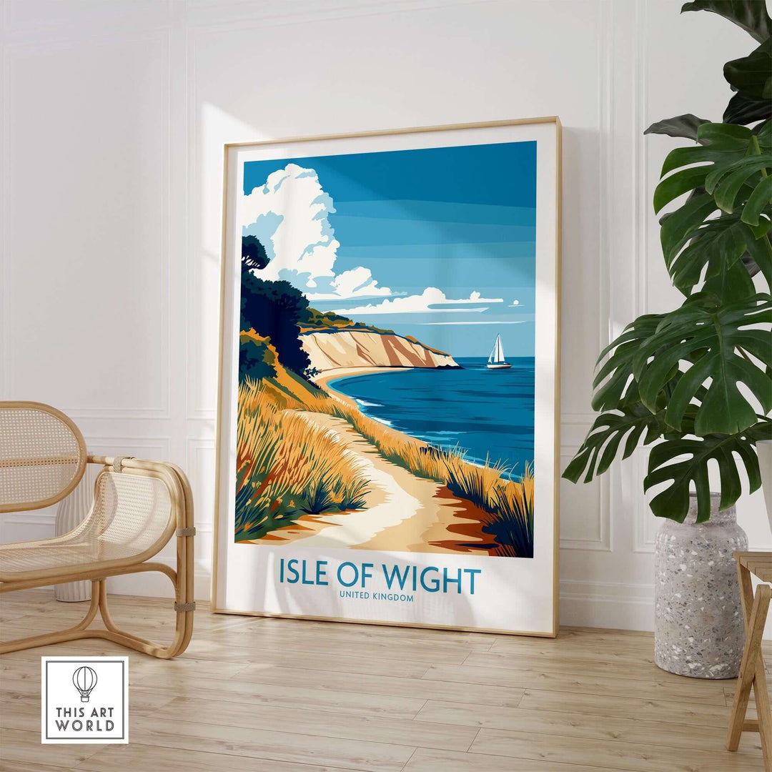 Isle of Wight England poster in room, showcasing scenic coastal view with sailboat, perfect for UK travel enthusiasts.