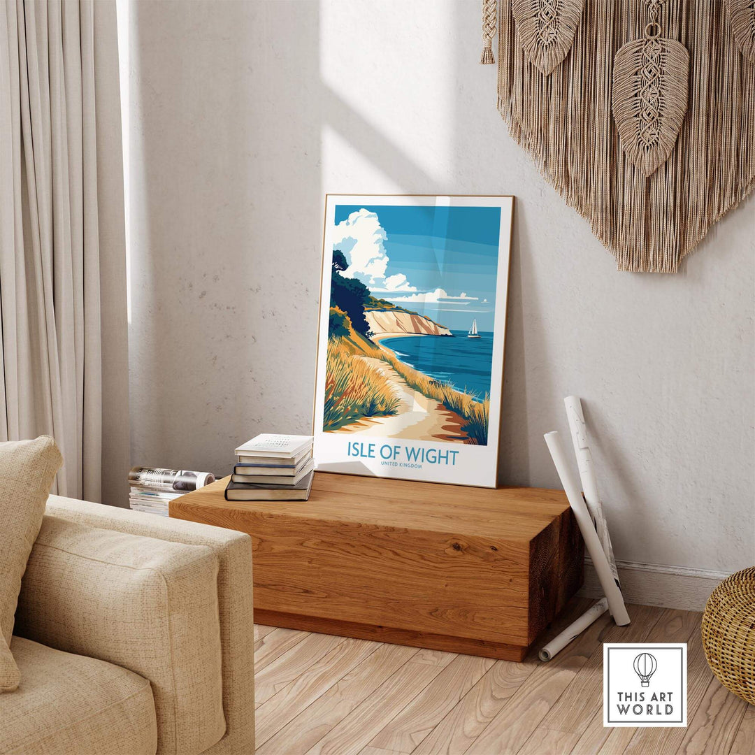 Isle of Wight England Poster displayed in a cozy room, showcasing scenic landscapes and inviting travel enthusiasts to explore UK beauty.