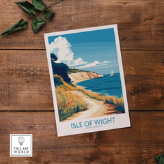 Isle of Wight England Poster featuring a picturesque coastline and sailboat on a sunny day.