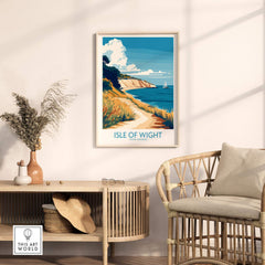 Isle of Wight England Poster displayed in a stylish home setting with coastal scenery and decorative furniture.