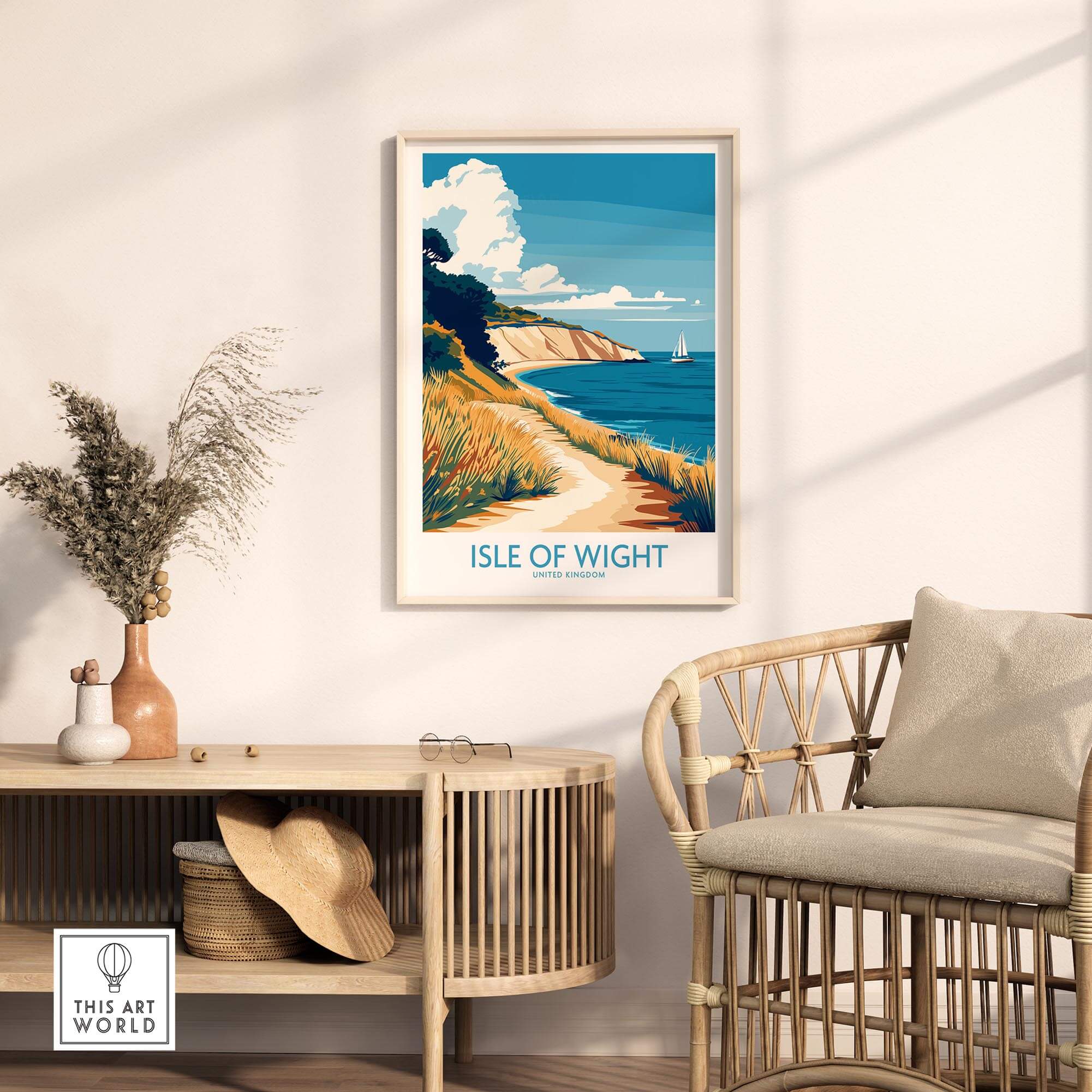 Isle of Wight England Poster displayed in a stylish home setting with coastal scenery and decorative furniture.