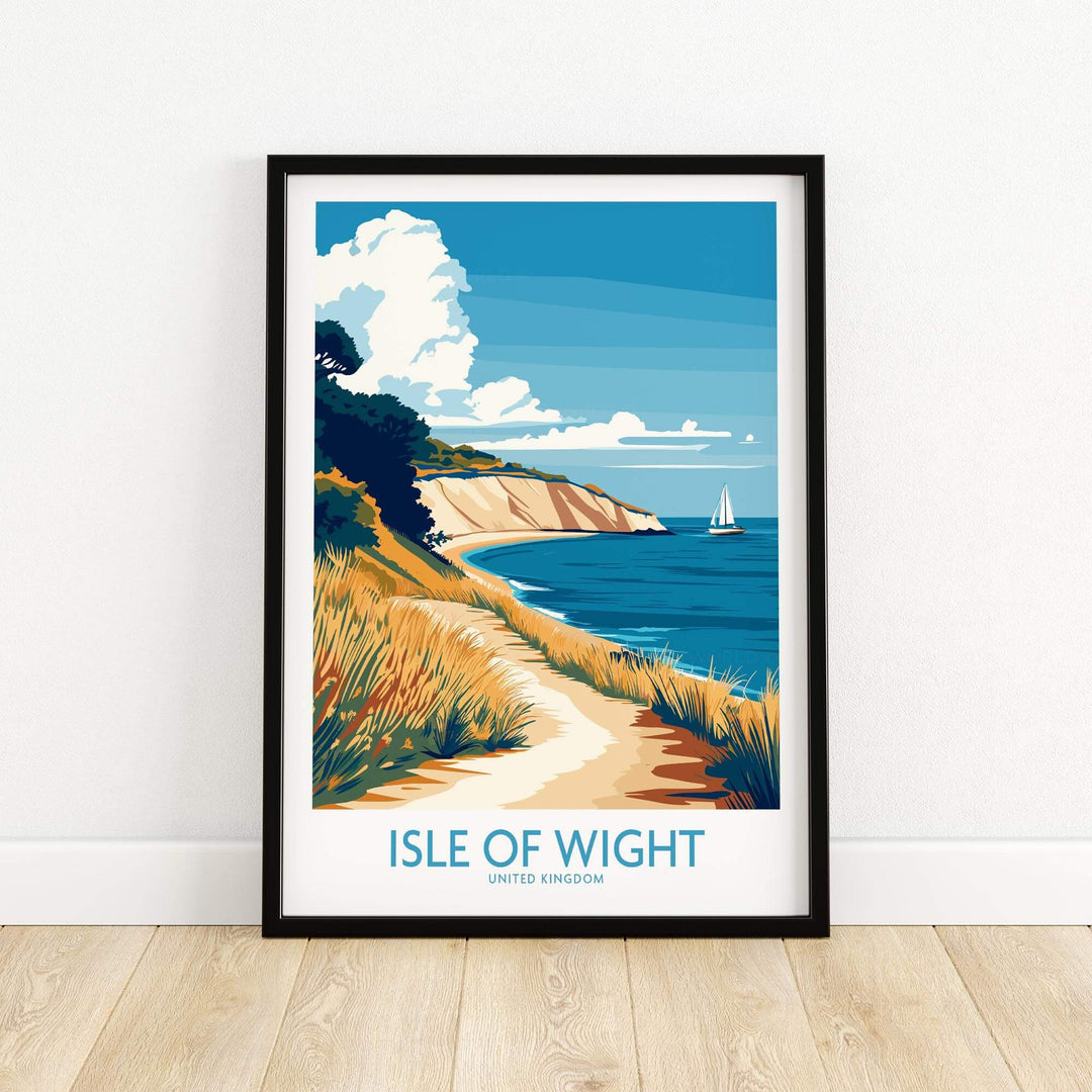 Isle of Wight poster featuring scenic coastline with sailboat, ideal for UK travel enthusiasts and home decor.