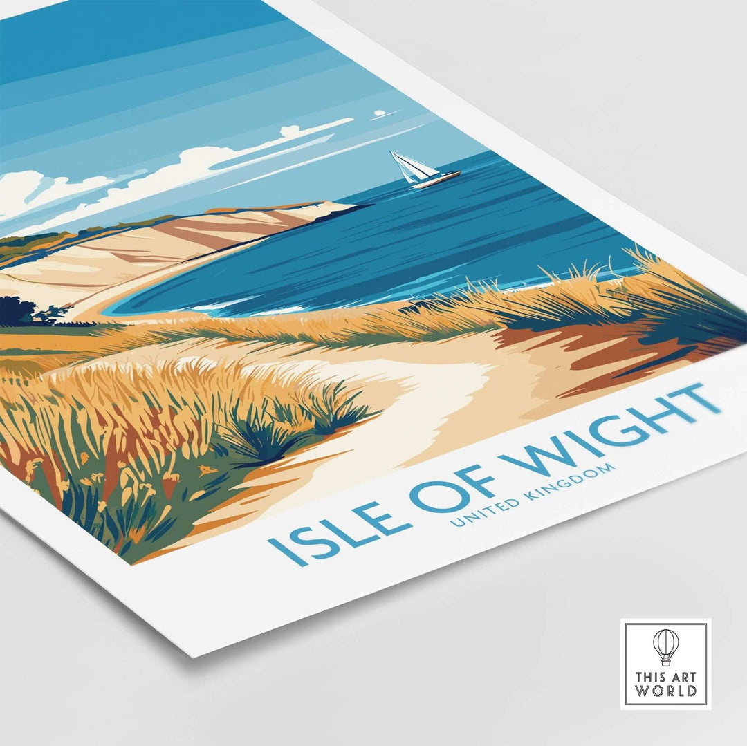 "Isle of Wight England poster featuring a scenic coastal landscape with a sailboat, perfect for UK travel enthusiasts and art lovers"