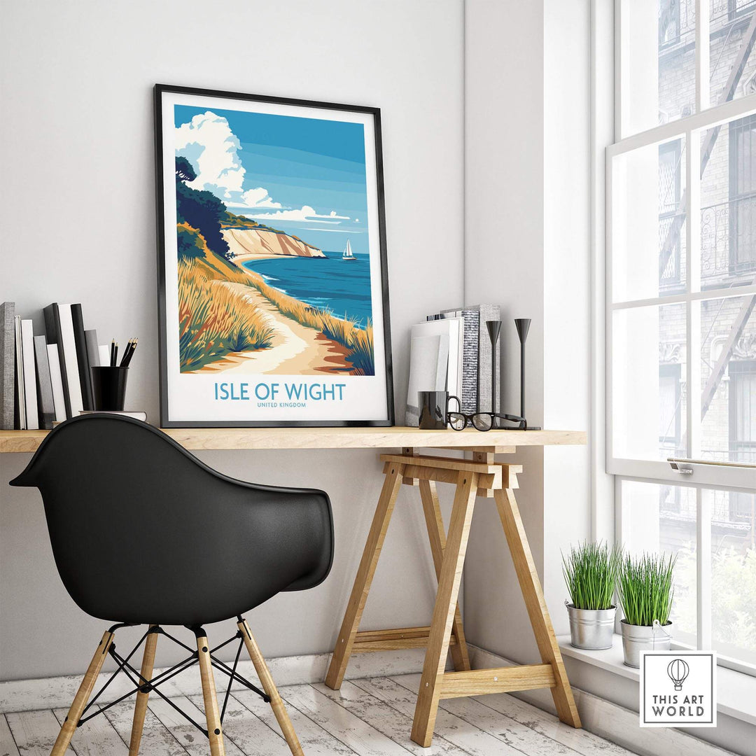 Isle of Wight England poster displayed in modern room, showcasing coastal landscape artwork. Perfect for travel and UK decor enthusiasts.