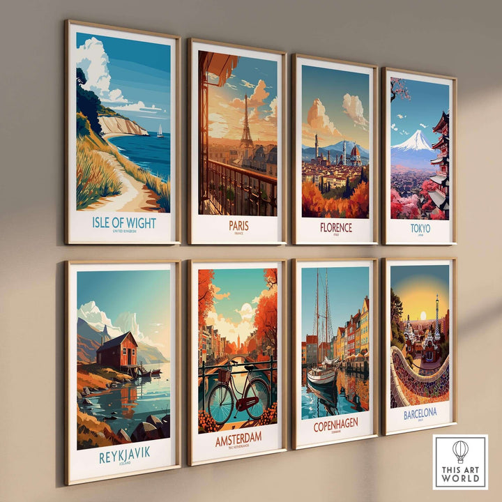 Wall art display featuring posters of Isle of Wight, Paris, Florence, Tokyo, Reykjavik, Amsterdam, Copenhagen, and Barcelona.