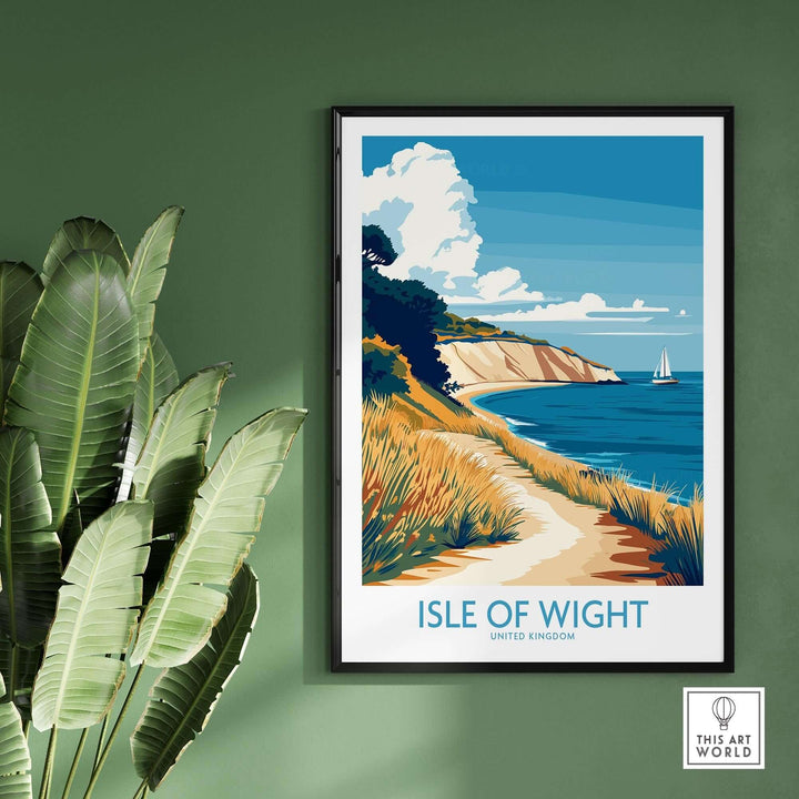 Isle of Wight England poster with coastal landscape, framed and displayed against a green wall with plant, perfect UK travel decor.