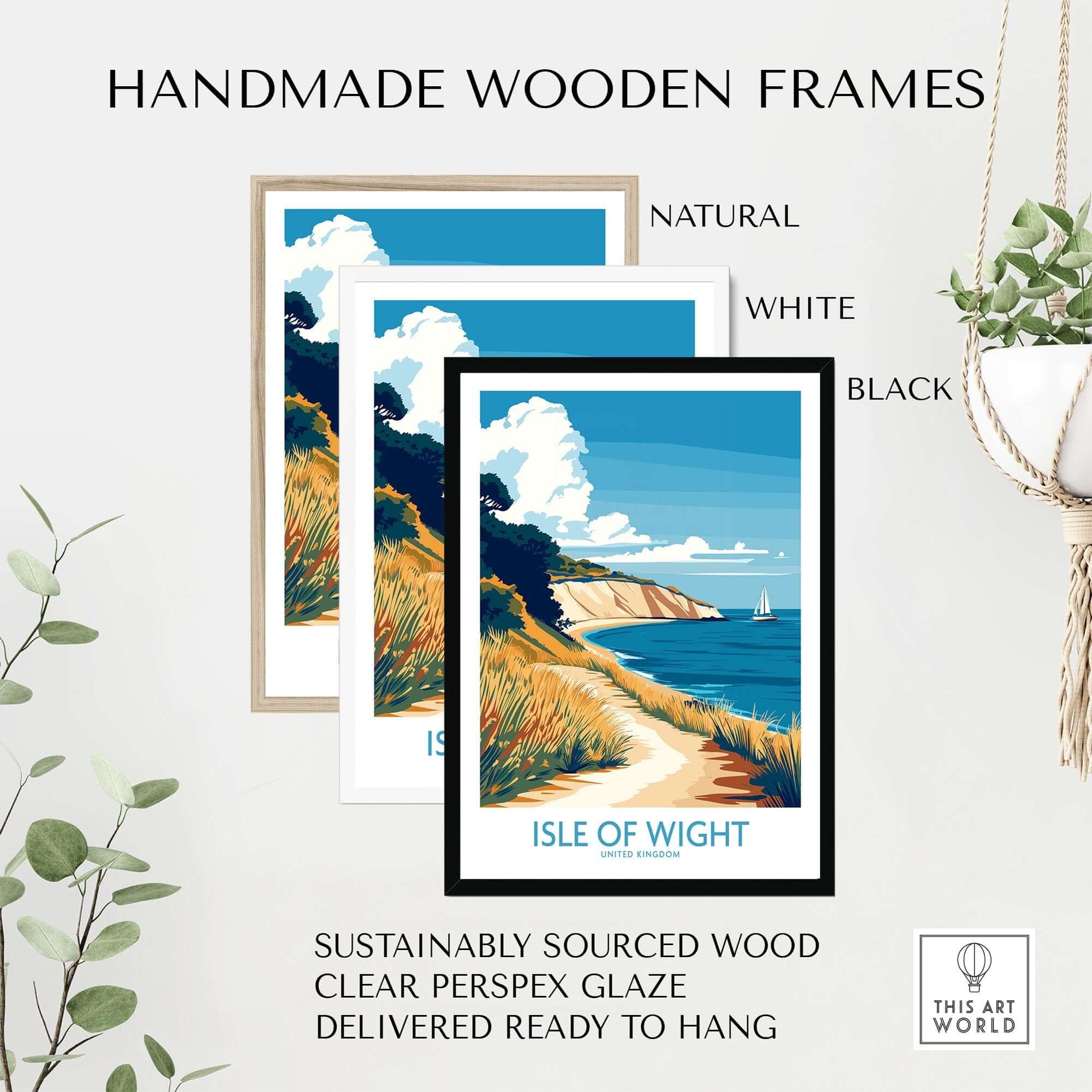 Handmade wooden frames for the Isle of Wight England Poster in natural, white, and black finishes.