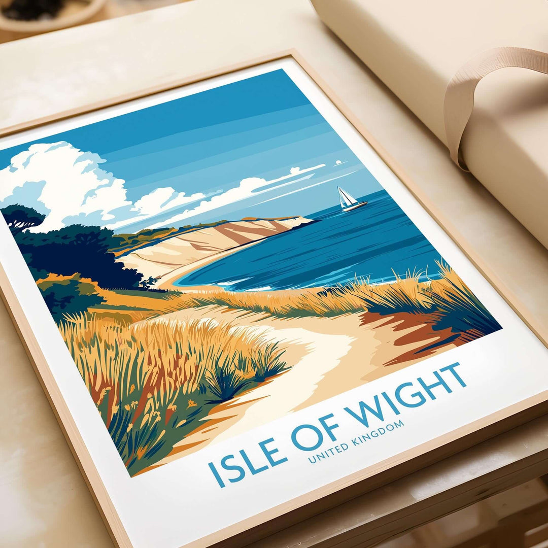 Isle of Wight England poster showcasing a scenic coastal view with cliffs, ocean, and sailboat, perfect for travel enthusiasts.