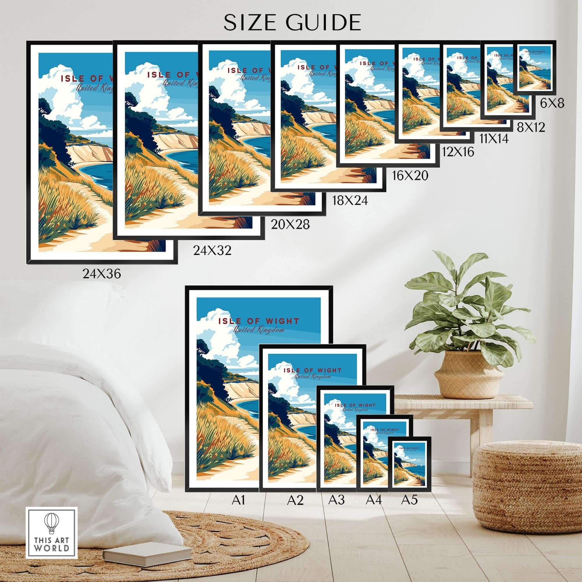 Isle of Wight England Travel Print size guide showcasing various frame sizes and styles.