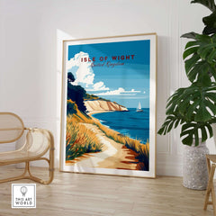 Isle of Wight England Travel Print showcasing picturesque coastline and sailboat in framed wall art.