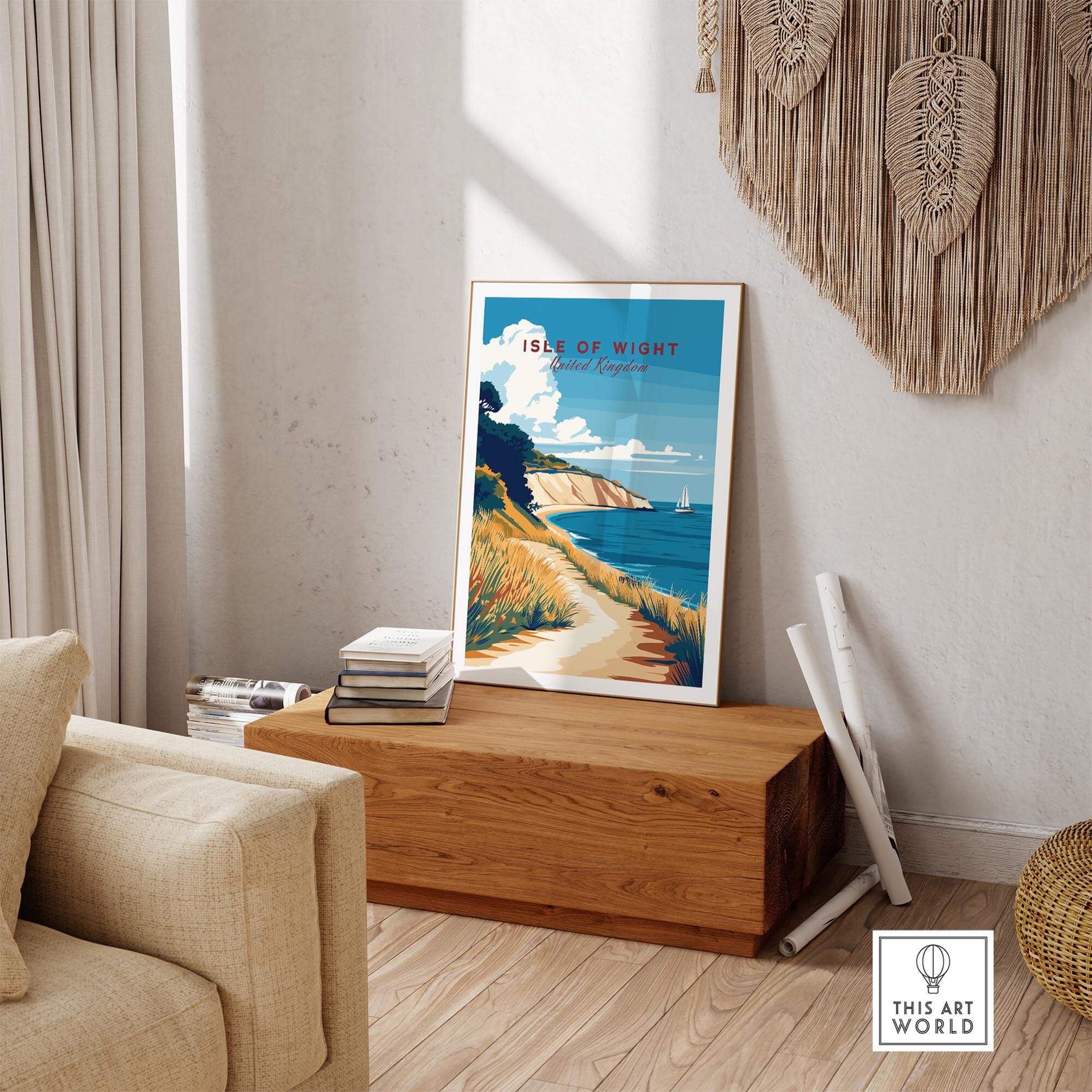 Isle of Wight England Travel Print displayed in a cozy room, showcasing its picturesque coastline and vibrant colors.