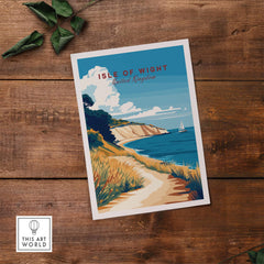 Isle of Wight England Travel Print showcasing coastline scenery and sailing boats.