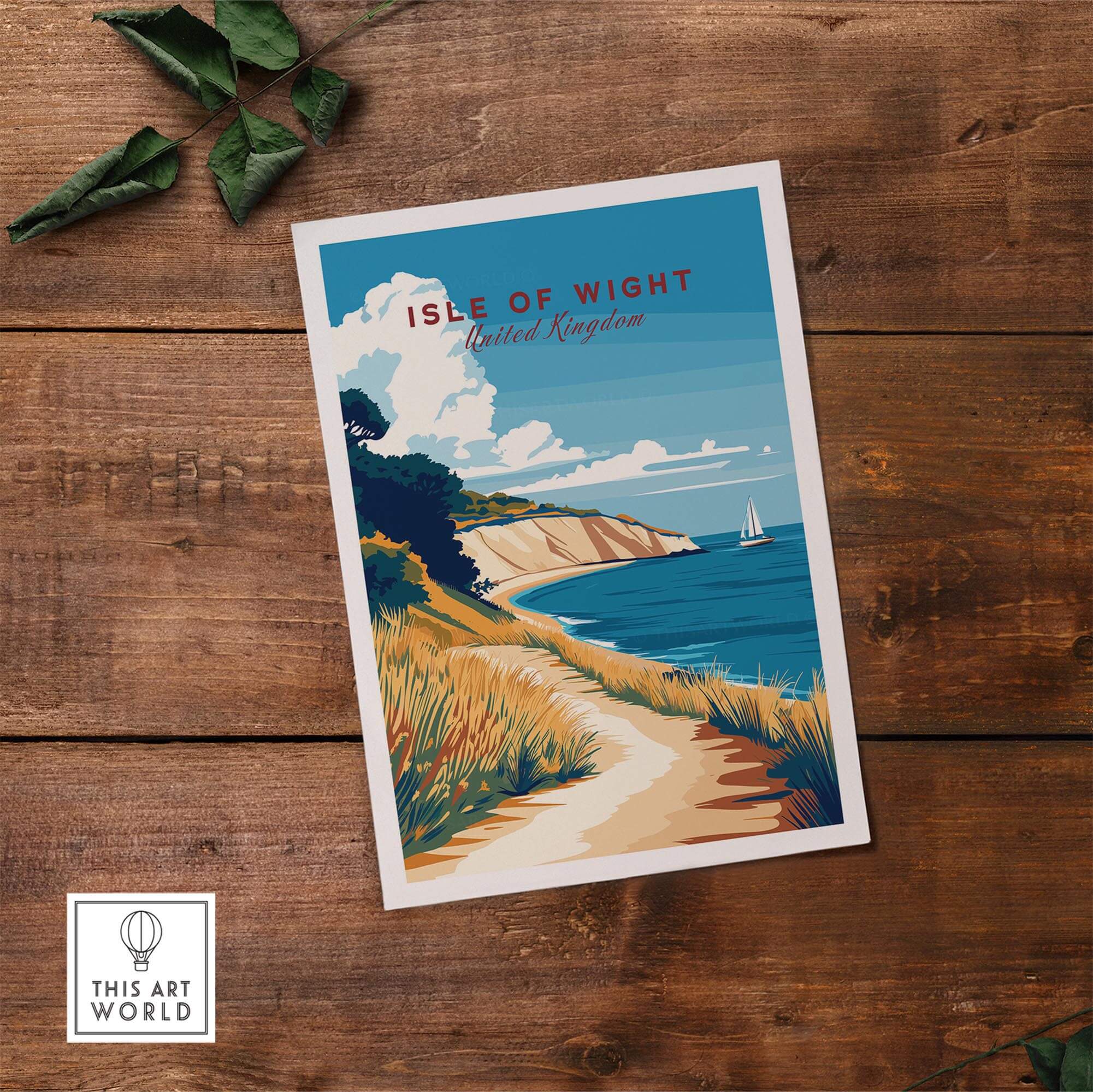 Isle of Wight England Travel Print showcasing coastline scenery and sailing boats.