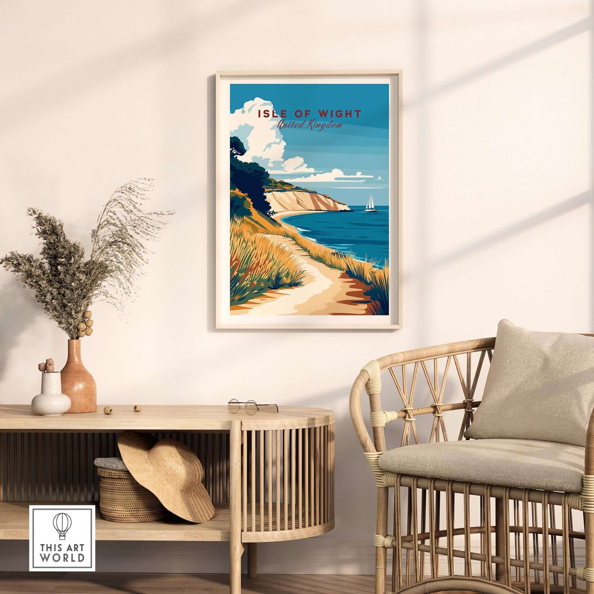 Isle of Wight England Travel Print showcasing coastal scenery in a stylish home setting.