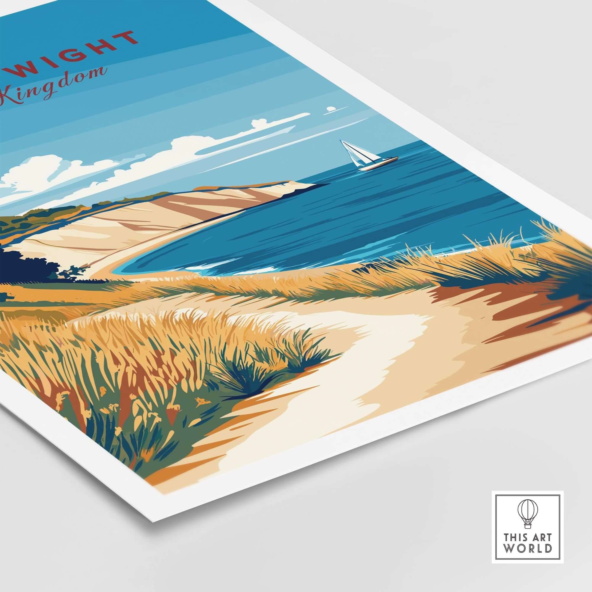 Isle of Wight England Travel Print featuring a scenic coastal view with a sailboat and grassy landscape.