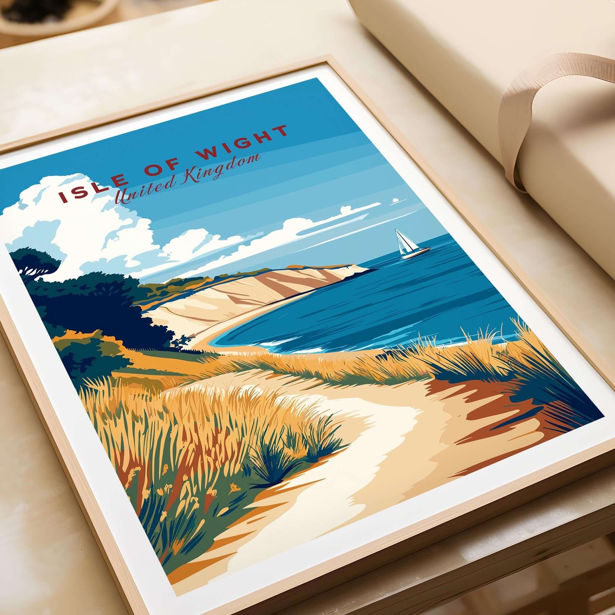 Isle of Wight England Travel Print featuring a scenic coastline and sailboat in vibrant colors.