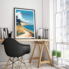 Isle of Wight England Travel Print displayed in a modern home office setting, showcasing coastal beauty.