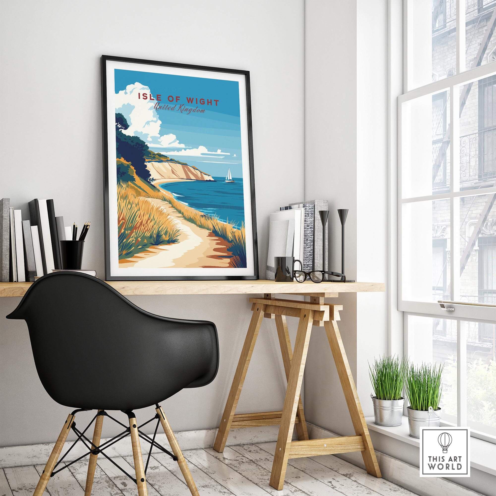 Isle of Wight England Travel Print displayed in a modern home office setting, showcasing coastal beauty.