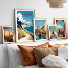 Isle of Wight England Travel Print showcased among other travel prints in a stylish home setting with decorative pillows.
