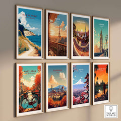 Isle of Wight England Travel Print and other city travel prints displayed on a gallery wall.