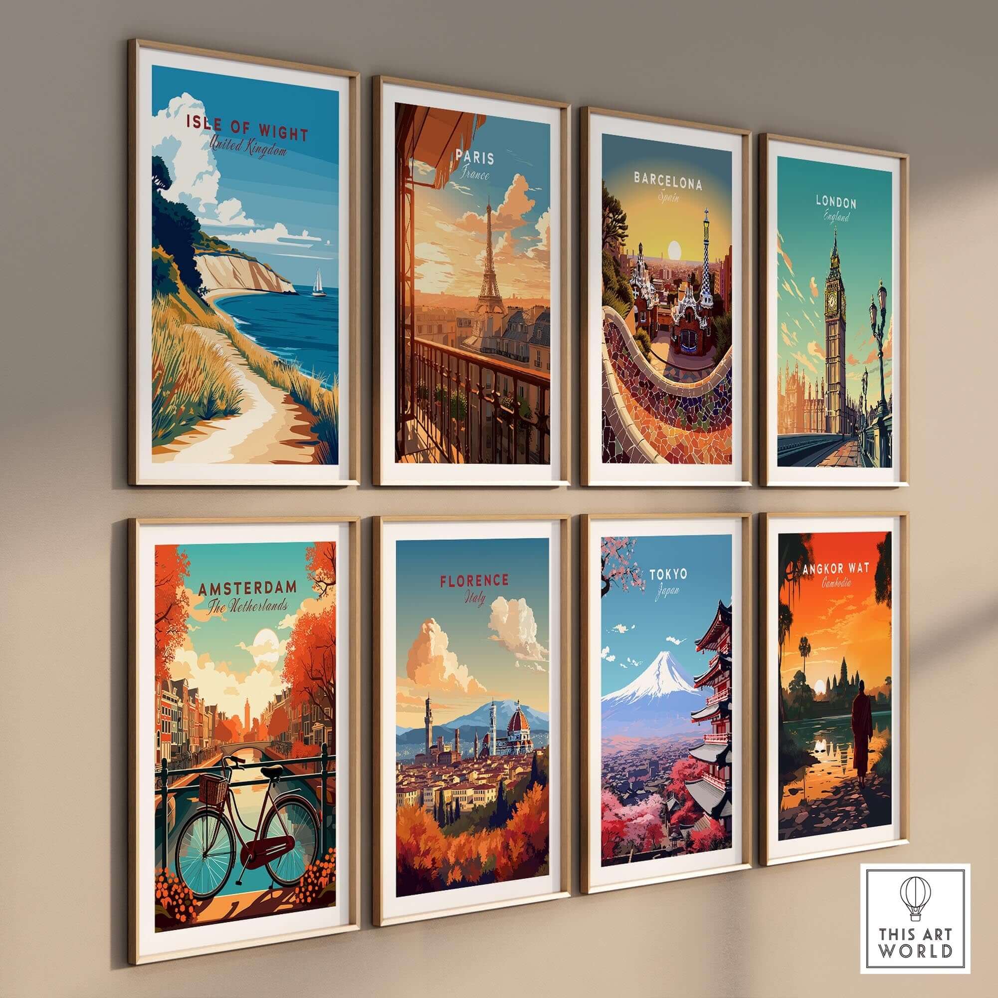 Isle of Wight England Travel Print and other city travel prints displayed on a gallery wall.