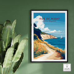Isle of Wight England Travel Print featuring a beautiful coastline view with a sailboat and vibrant landscape.