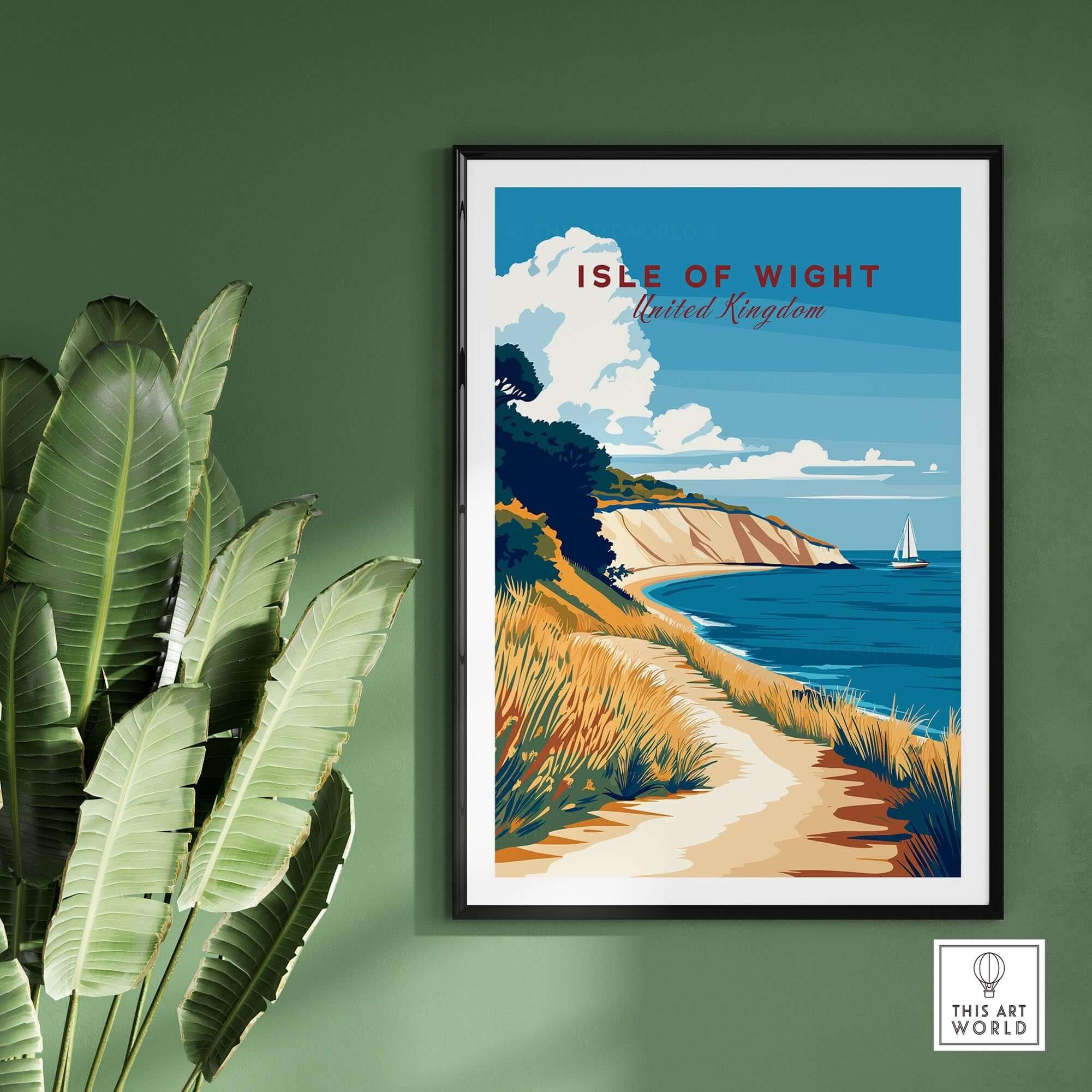 Isle of Wight England Travel Print featuring a beautiful coastline view with a sailboat and vibrant landscape.