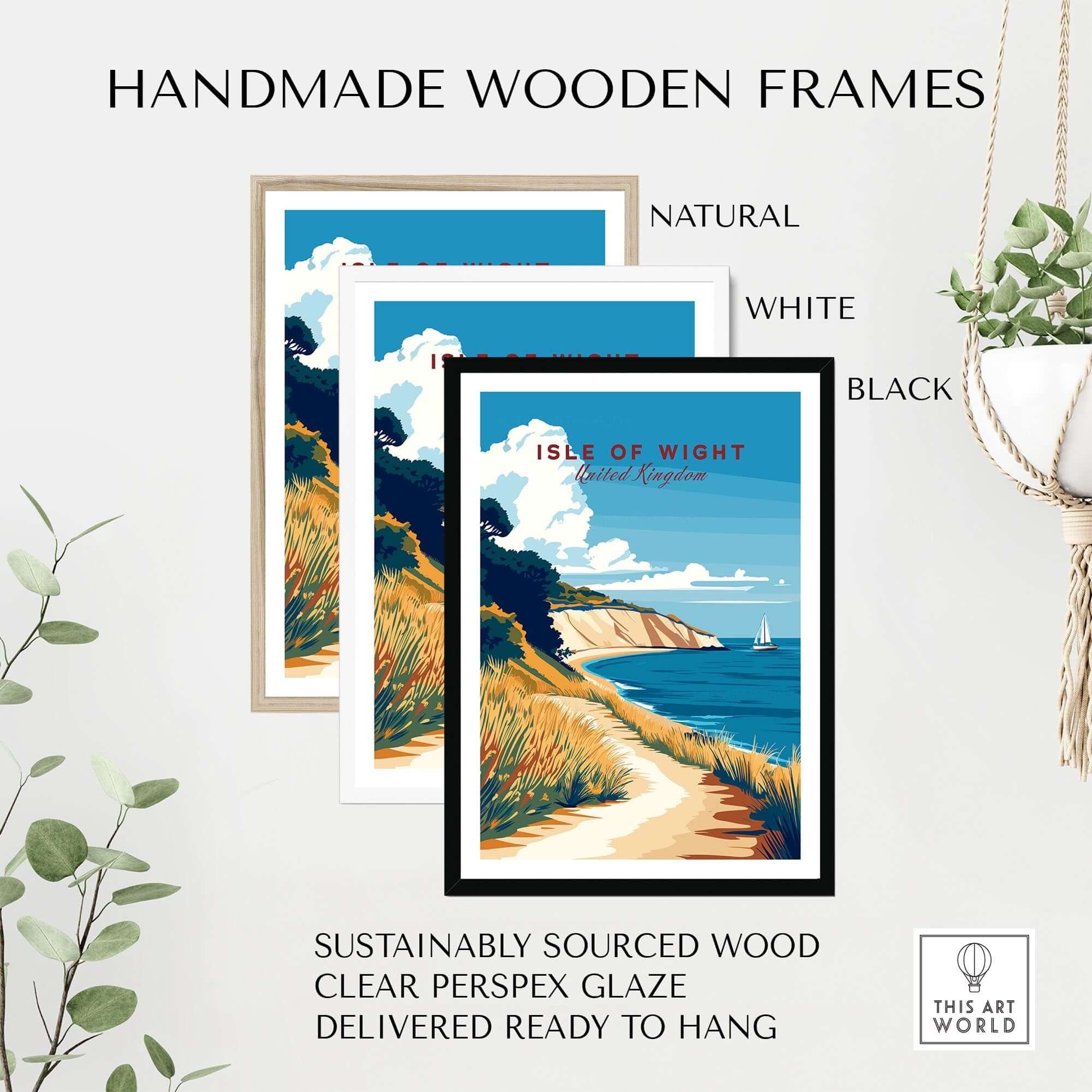 Isle of Wight England Travel Print framed in handmade wooden frames, featuring natural, white, and black styles.