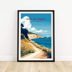 Isle of Wight England Travel Print showcasing the scenic coastline and sailboat in vibrant colors.