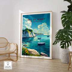 Isle of Wight Travel Print showcasing picturesque coastline with boats, ideal for home decor and travel enthusiasts.