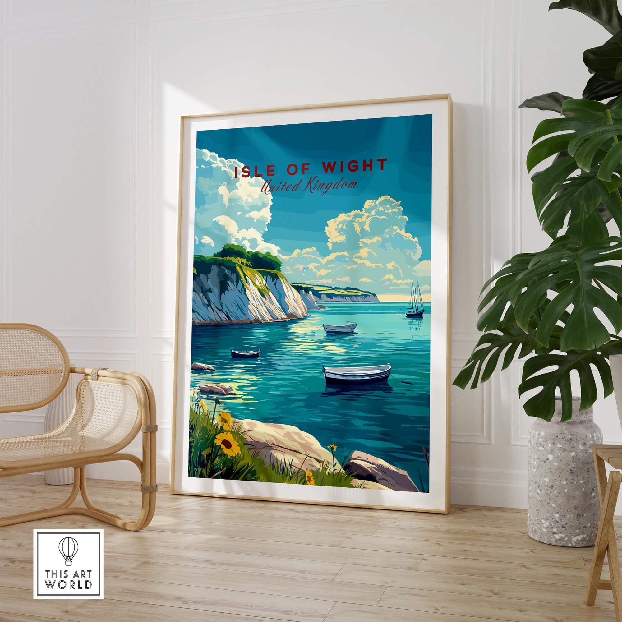 Isle of Wight Travel Print showcasing picturesque coastline with boats, ideal for home decor and travel enthusiasts.