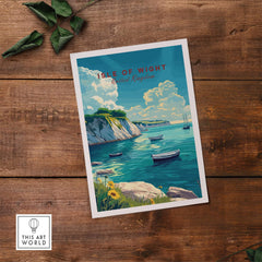 Isle of Wight Travel Print showcasing scenic coast and boats in beautiful waters, perfect for wall art enthusiasts.