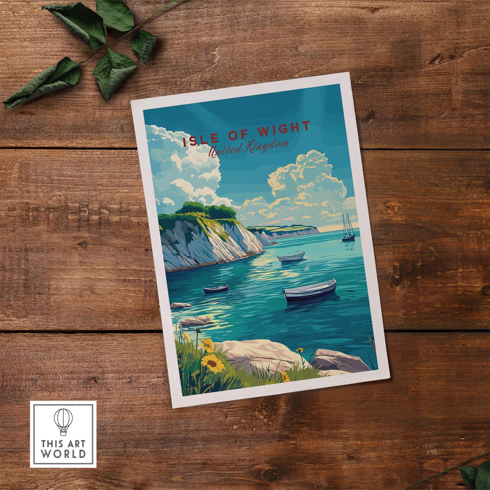 Isle of Wight Travel Print showcasing scenic coast and boats in beautiful waters, perfect for wall art enthusiasts.