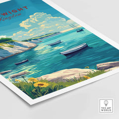 Isle of Wight Travel Print showcasing a vibrant coastal scene with boats and flowers, perfect for home decor.