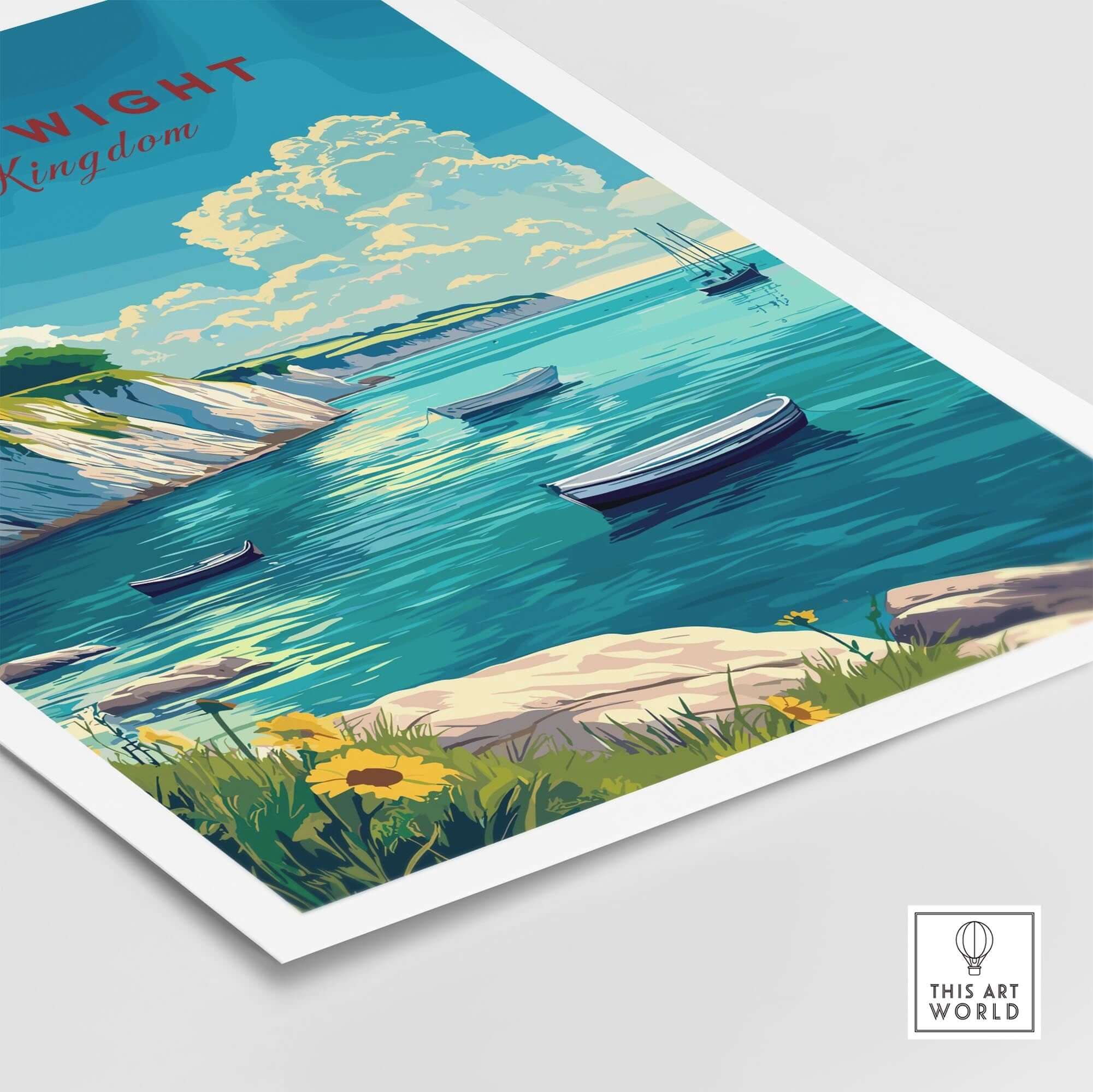 Isle of Wight Travel Print showcasing a vibrant coastal scene with boats and flowers, perfect for home decor.