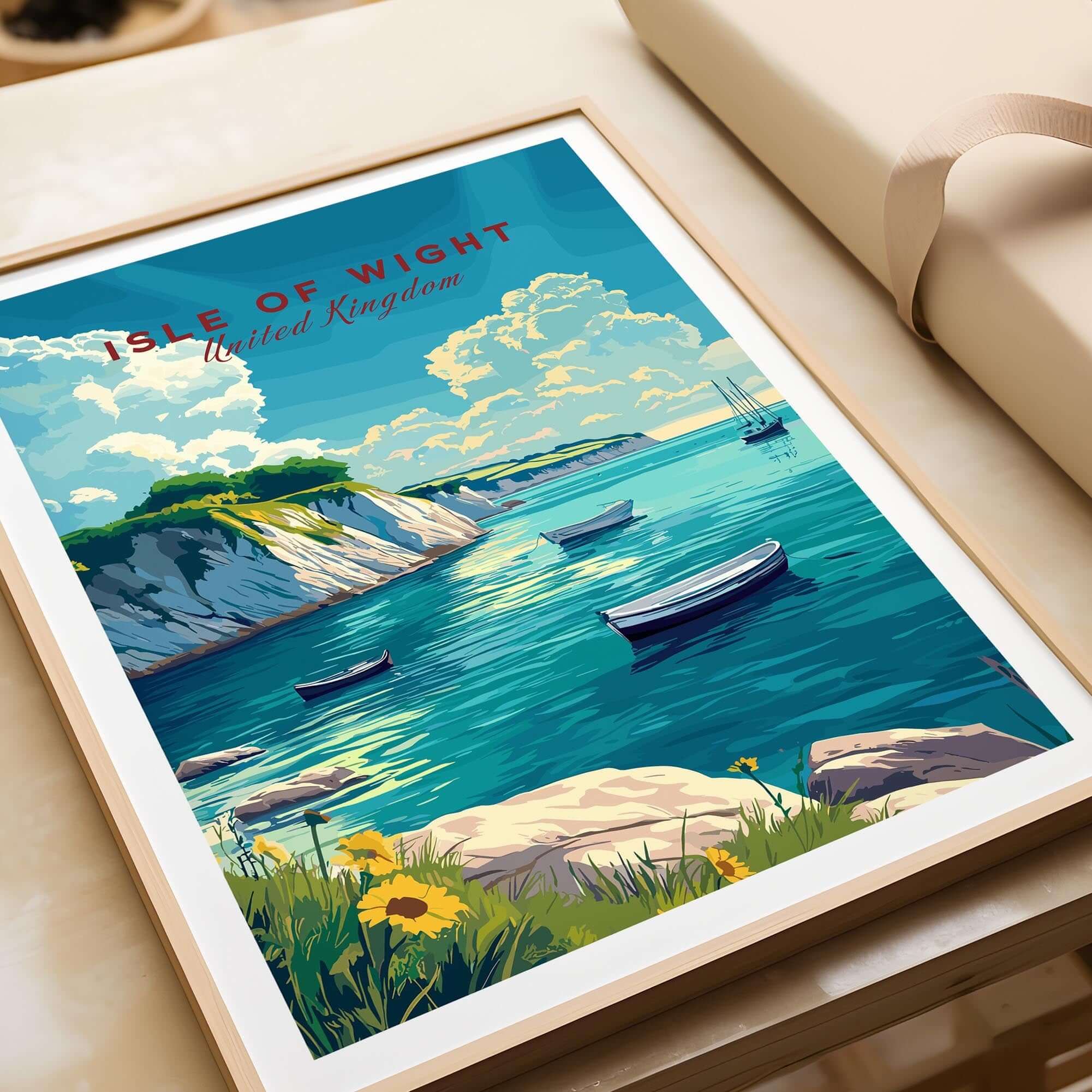 Isle of Wight Travel Print depicting scenic coast with boats and vibrant colors, perfect for home decor.
