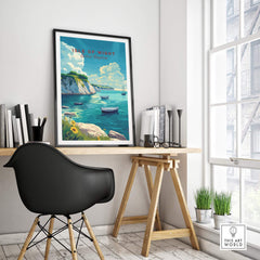 Isle of Wight Travel Print showcased in a stylish home office with scenic coastal views.