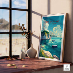Isle of Wight Travel Print displayed in a cozy interior with scenic coastal views and boats.
