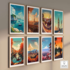 Isle of Wight Travel Print along with other travel posters in a stylish home decor display.