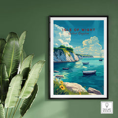 Isle of Wight Travel Print featuring a scenic coastline and boats, perfect for home decor and travel enthusiasts.