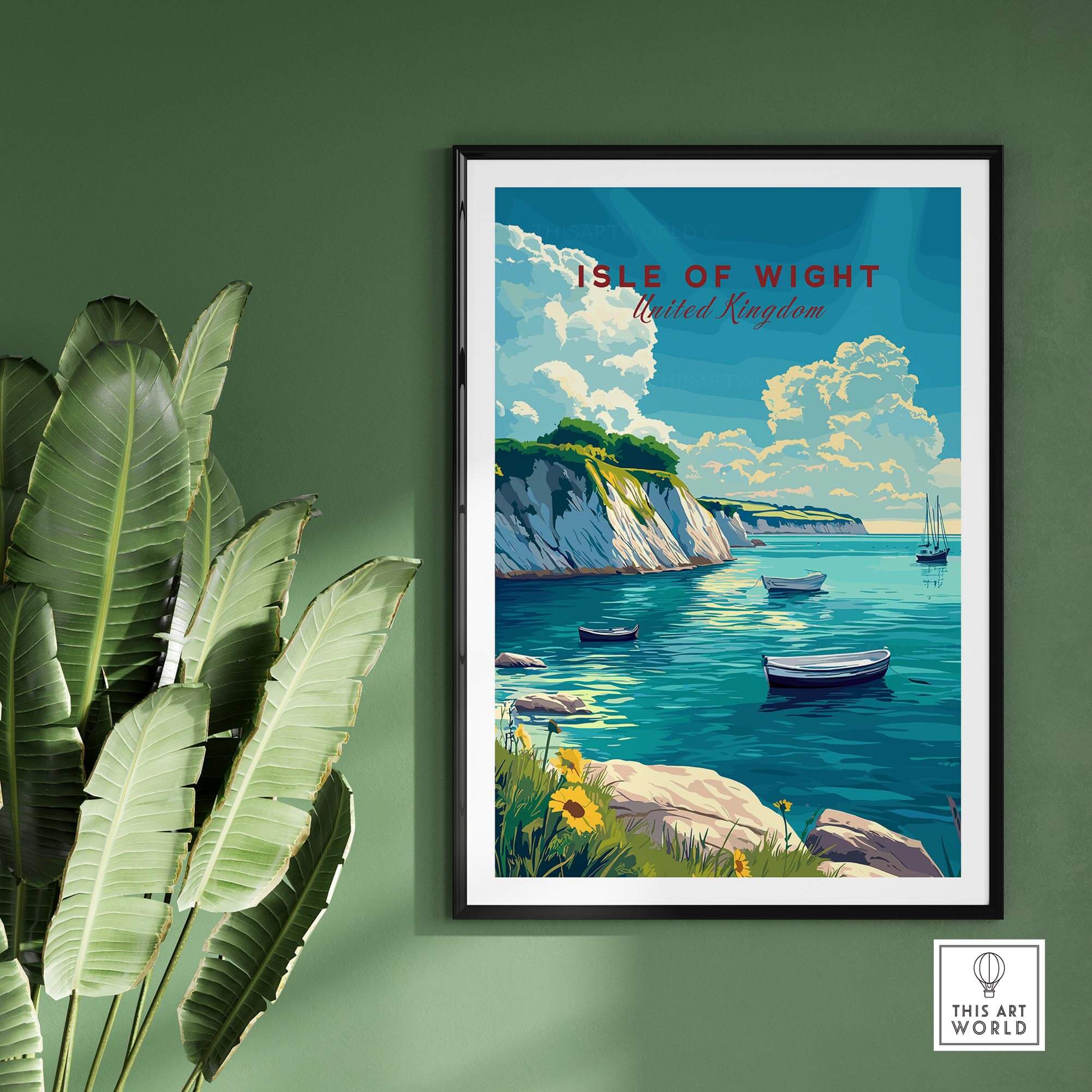 Isle of Wight Travel Print featuring a scenic coastline and boats, perfect for home decor and travel enthusiasts.