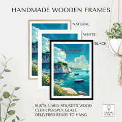 Isle of Wight Travel Print displayed in handmade wooden frames in natural, white, and black colors.