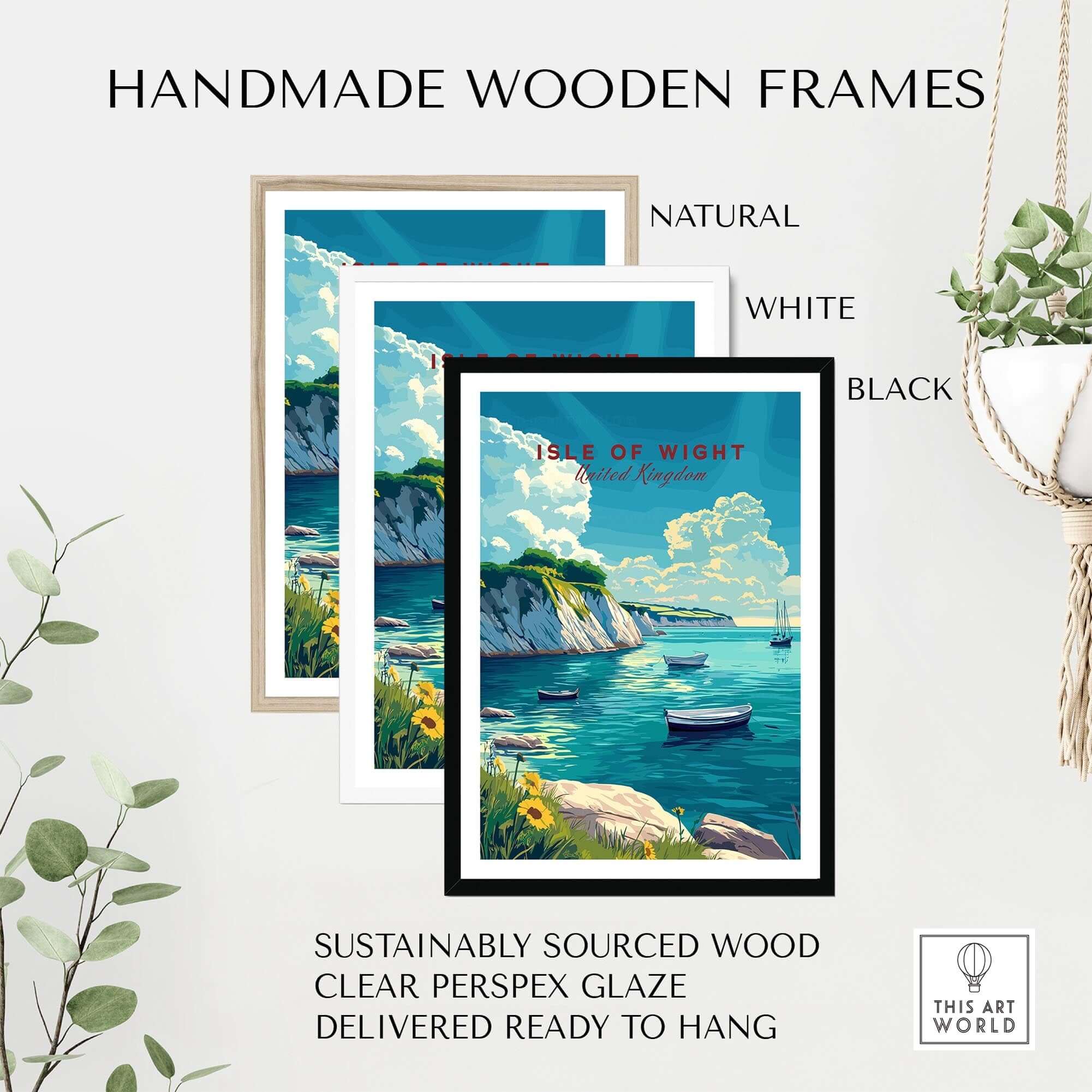 Isle of Wight Travel Print displayed in handmade wooden frames in natural, white, and black colors.